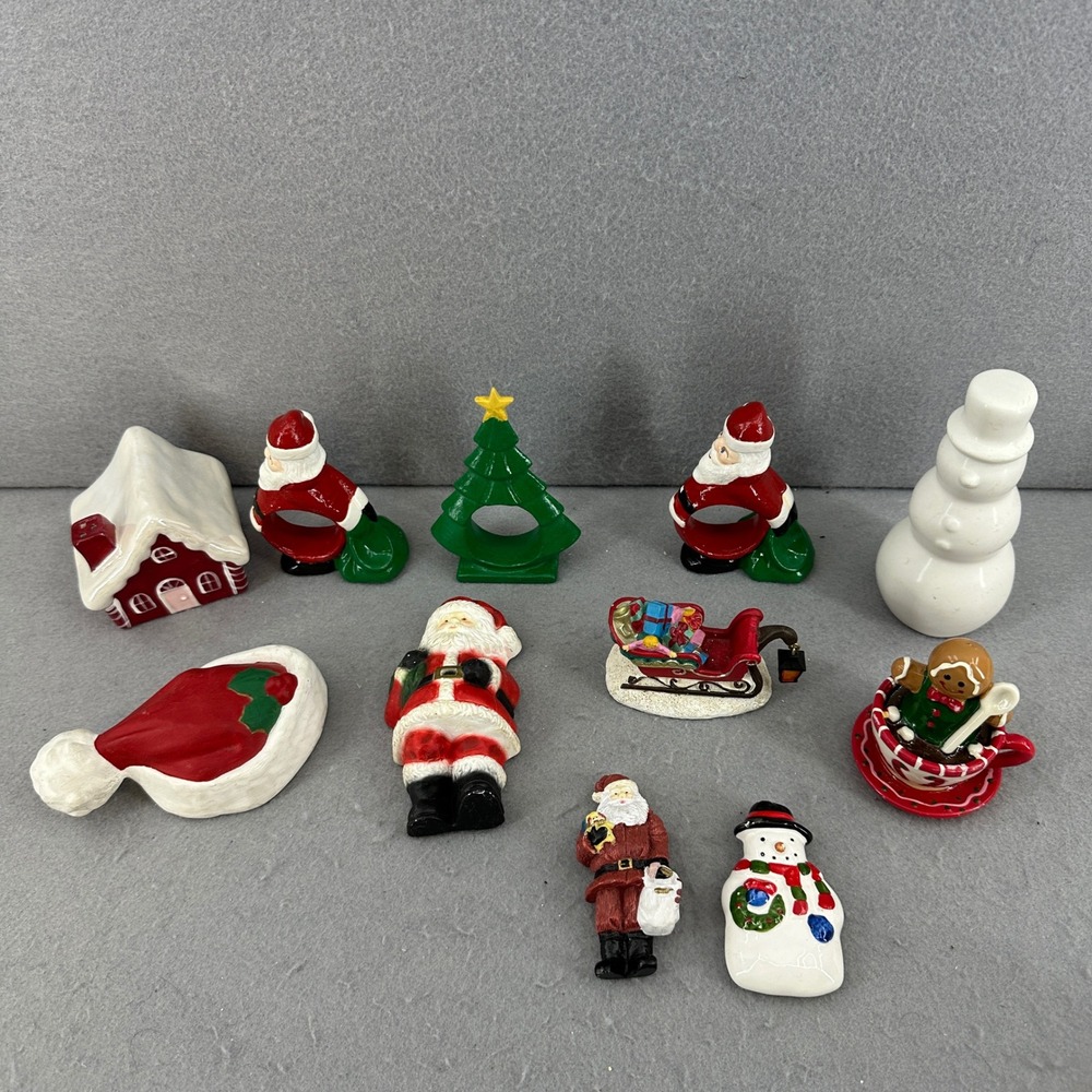 11 Vintage Christmas Decor Lot Santa Napkin Rings Snowman Magnet Sleigh Figurine